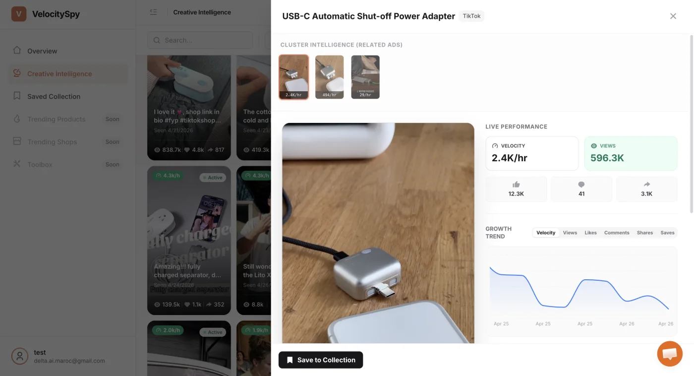 VelocitySpy product detail — velocity chart, engagement stats, and AI analysis